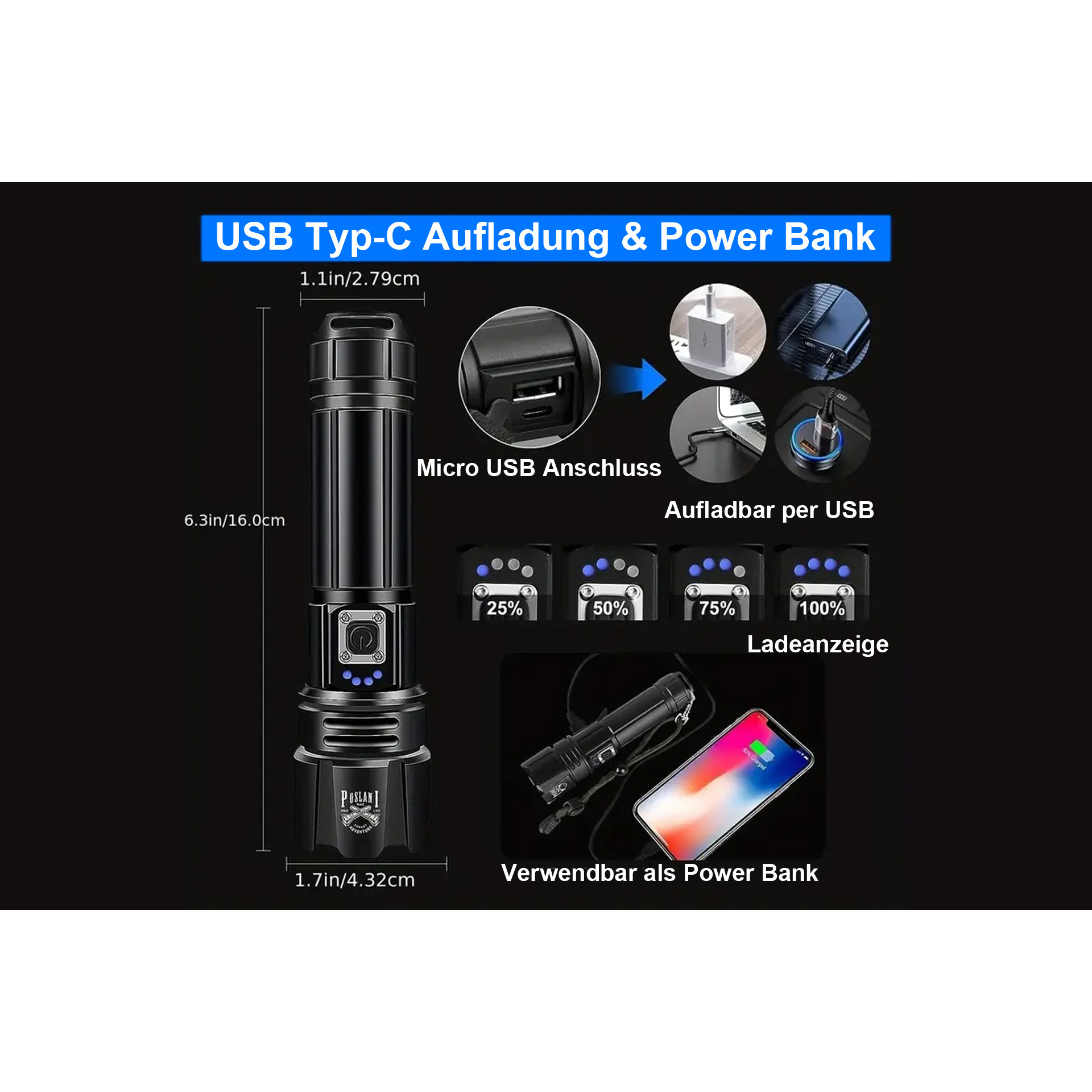 LED Taschenlampe mit XHP70.2 LED Chip – Ansicht 6